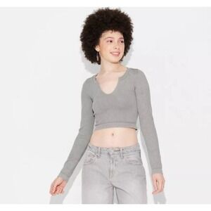 Wild Fable Gray Seamless Ribbed Notched V-Neck Long Sleeve Crop Top NEWXL‎